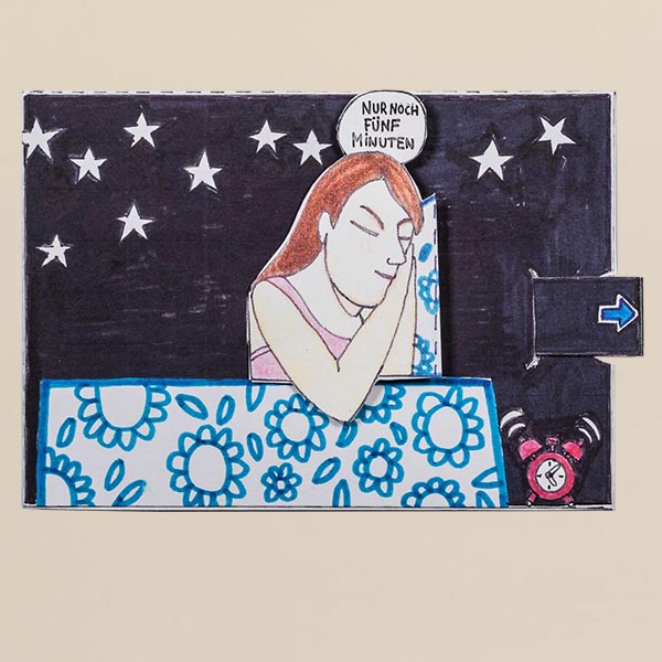 Bewegliche Postkarte, Motiv Frau im Bett