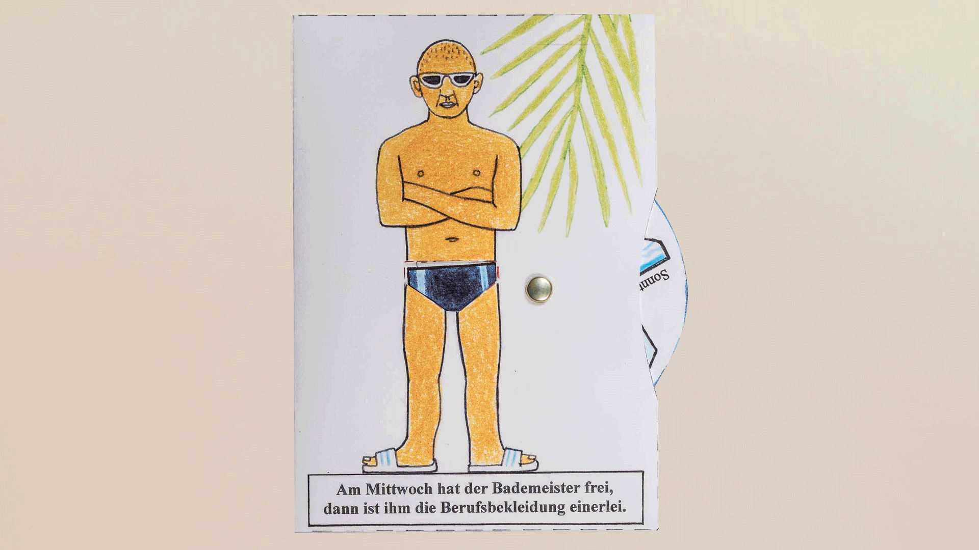 Bewegliche Postkarte, Motiv Bademeister, wechselt die Badehose, wenn man am Rad dreht