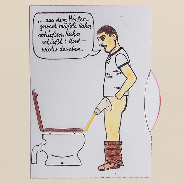 Bewegliche Postkarte, Motiv Mann vor Toilette