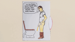 Animation einer beweglichen Postkarte, Motiv Mann vor Toilette